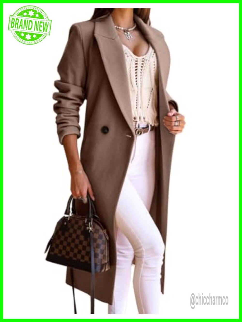 Wool Blend Long Trench Coat Notch Lapel Slim Fit Overcoat